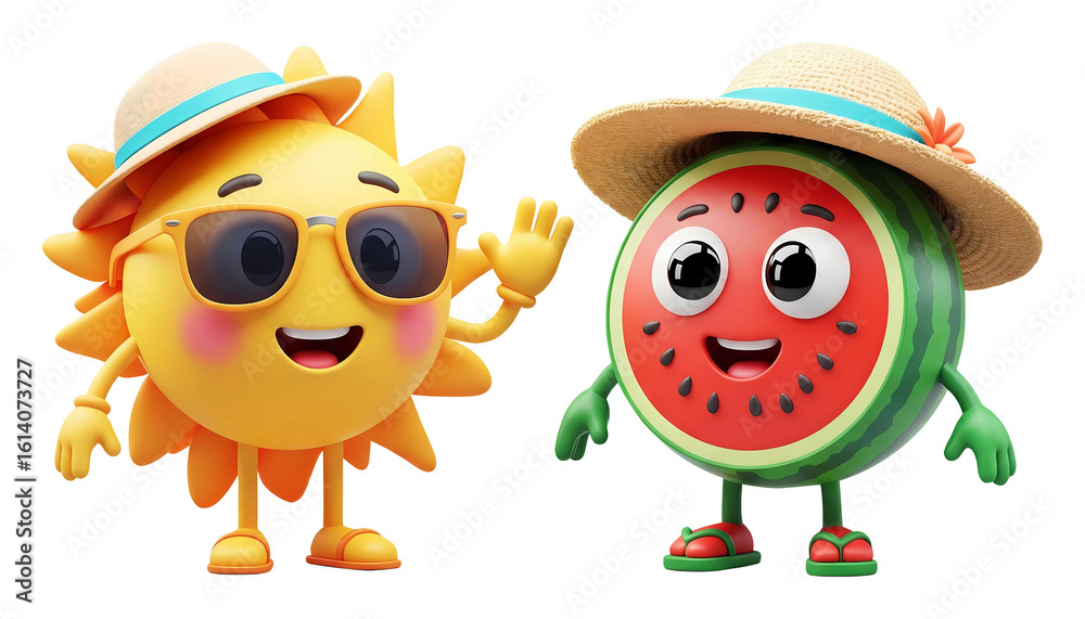 Obraz premium 3D cute cartoon sun and watermelon characters with summer accessories isolated on transparent background, PNG file add