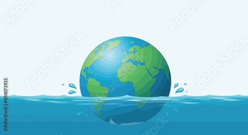Planet earth partially submerged in water symbolizing rising sea levels