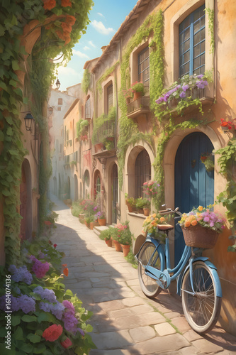 A blue bicycle is parked on a narrow street in a city