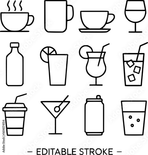 An editable drink black icon pack, drinks icons, editable stroke line icons, beverage icons, coffee icons, tea icons, wine icons, cocktail icons, glass icons, bottle icons, cup icons, soda icons, 