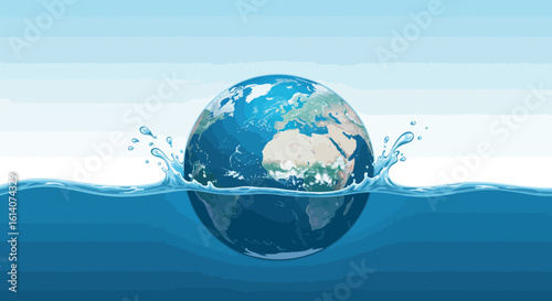 Earth partially submerged in water with splashing waves against a blue gradient sky