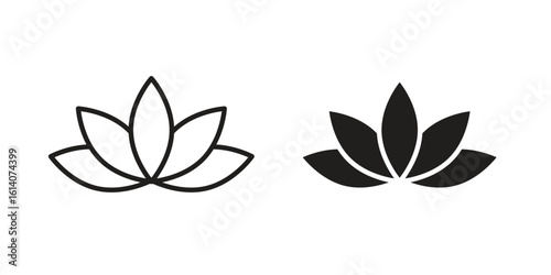 Lotus flower icon in a black stroke vector design and flat solid version on white background