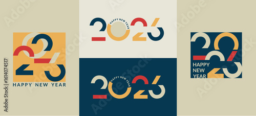 Set greeting cards for 2026 New Year.Flyers, posters with abstract numbers in minimalistic style.Template for flyer, web, cover, calendar, web,banner.New year 2026 number logo set. Vector illustration