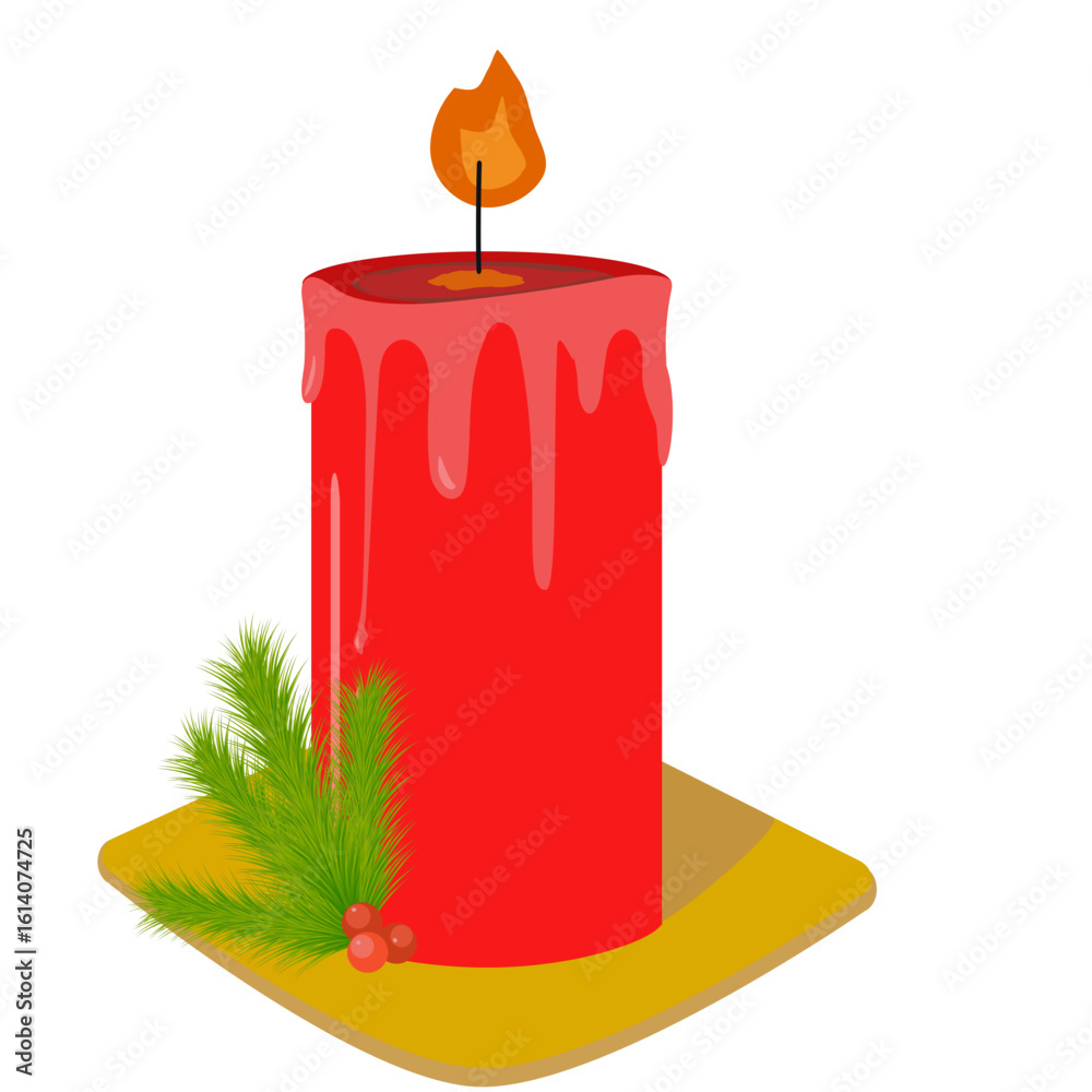 Obraz premium Holiday image with lit red candle, pine cone, berries, and pine needles on golden base. Great for Christmas cards, festive invites, and seasonal marketing campaigns.