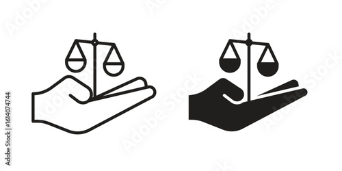 Justice scales in Hand icon in a black stroke vector design and flat solid version on white background
