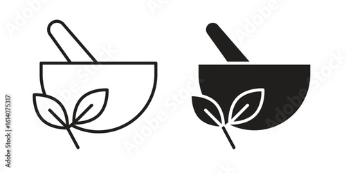 Herbal medicine icon in a black stroke vector design and flat solid version on white background
