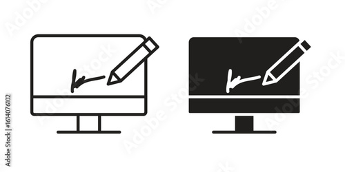 Electronic signature icon in a black stroke vector design and flat solid version on white background