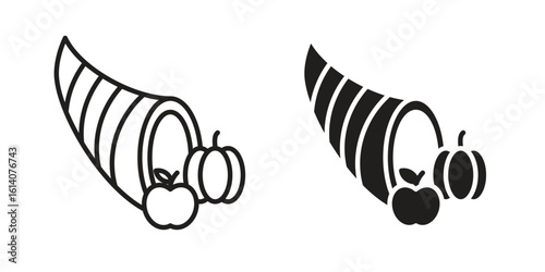 Cornucopia icon in a black stroke vector design and flat solid version on white background