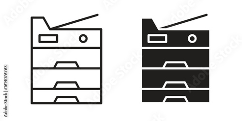 Copier icon in a black stroke vector design and flat solid version on white background