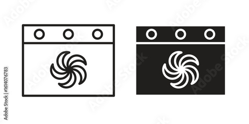 Convection turbofan stove icon in a black stroke vector design and flat solid version on white background