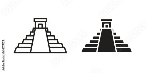 Chichen Itza icon in a black stroke vector design and flat solid version on white background