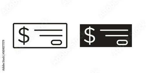 Cheque icon in a black stroke vector design and flat solid version on white background