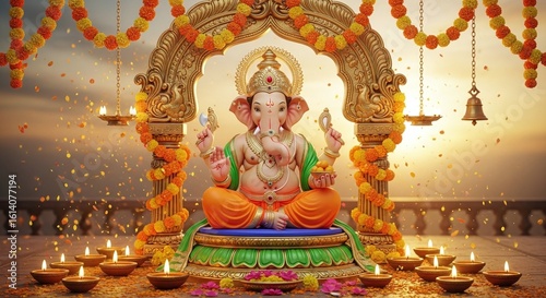 Serene depiction of lord ganesha statue adorned with garlands and lit diyas for celebration