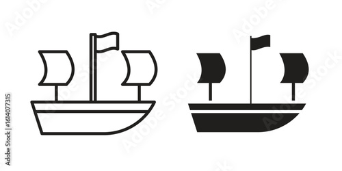 Caravel icon in a black stroke vector design and flat solid version on white background