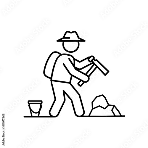 Archaeologist digging with pickaxe and bucket at excavation site  
