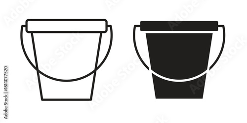 Bucket icon in a black stroke vector design and flat solid version on white background