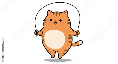 Cute cartoon cat skipping rope with energetic smile on white background