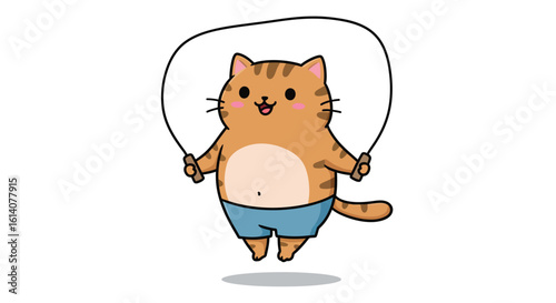 Cute jumping cat cartoon in shorts with jump rope on white background