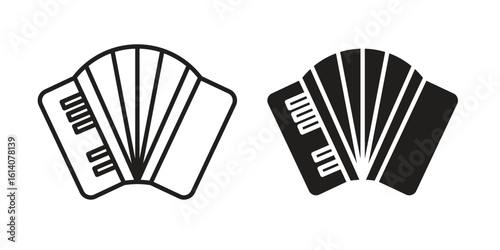 Accordion icon in a black stroke vector design and flat solid version on white background