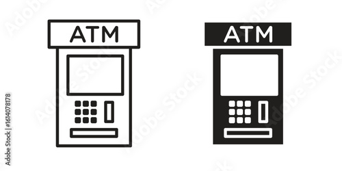 ATM machine icon in a black stroke vector design and flat solid version on white background