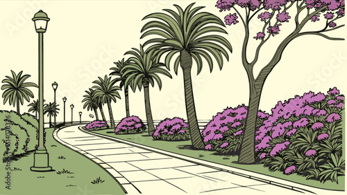 Illustration of a scenic park pathway with palm trees and street lights in a tropical landscape view