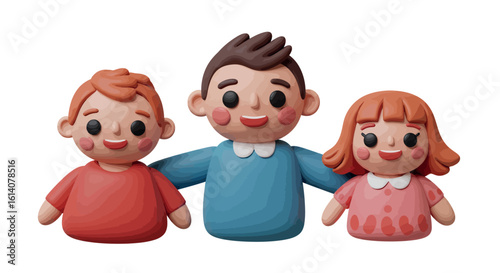 Cute clay family portrait: smiling parents and child in 3d cartoon style