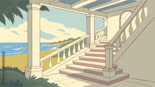 Seaside villa staircase with ocean view illustration for architectural design and summer vacation concepts