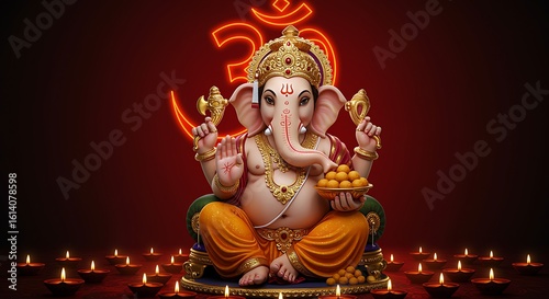Digital illustration of lord ganesha sitting with oil lamps and glowing om symbol background