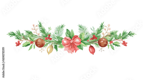 Watercolor christmas garland with pine branches bow and christmas ornaments for holiday decoration design