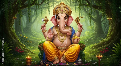 A beautiful depiction of lord ganesha with lush forest backdrop and golden jewelry