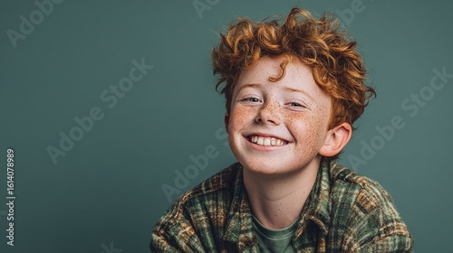 A cheerful, freckled boy with curly red hair smiles brightly against a solid, neutral background, wearing a green plaid shirt.