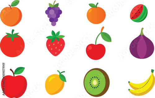 Set of Colorful fruits vector. Editable eps file illustration Apple, Bananas, Cherry, Fig, Grapes, Kiwi, mango, Nectarine, Orange, Strawberry, Tomato, Watermelon