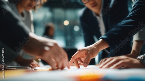 Business team discussing strategy during office meeting.  Closeup of hands pointing to documents during collaborative meeting