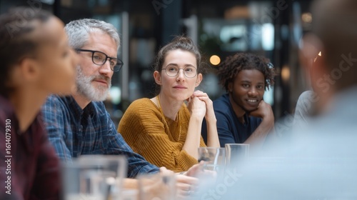 Diverse business team listening during meeting in office.  Group of professionals attentively participating in office discussion