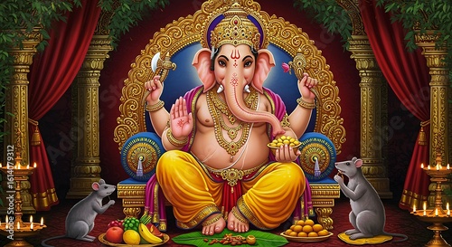Digital illustration of lord ganesha sitting adorned and surrounded by offerings