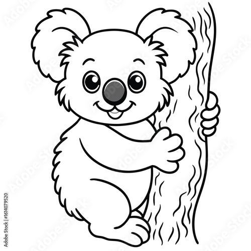 Charming koala hugging a tree trunk with fluffy details