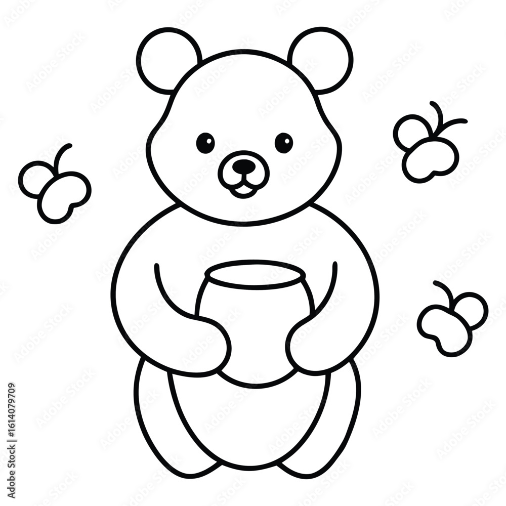 Obraz premium Adorable baby bear with honey pot and buzzing bees