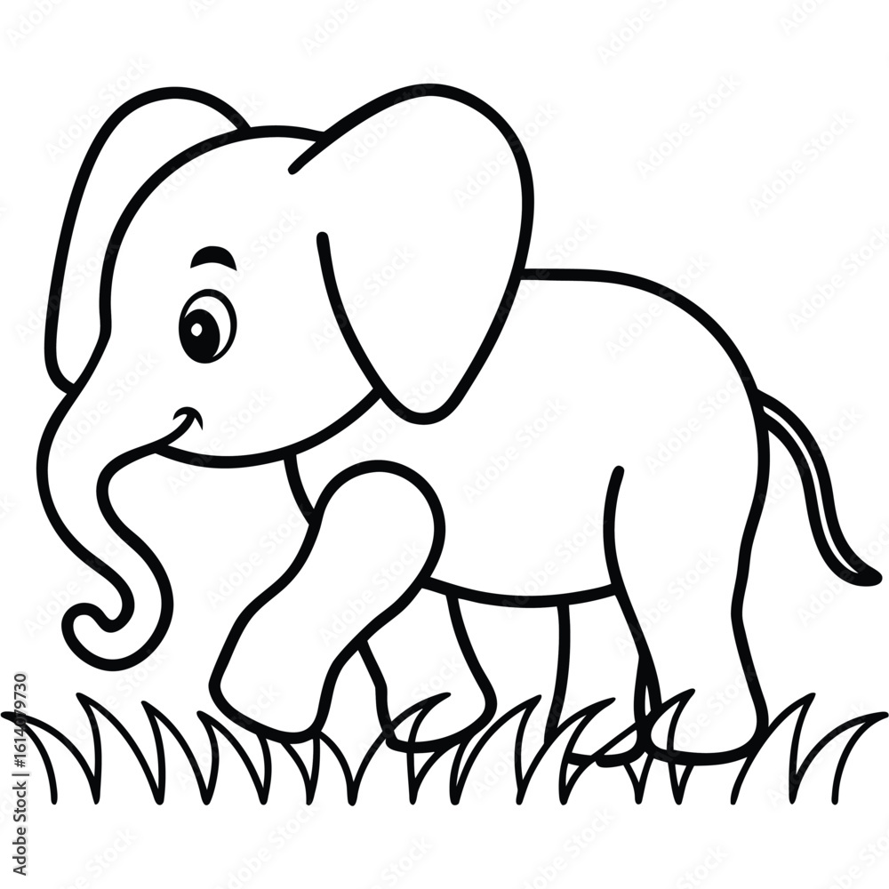 Fototapeta premium Cute baby elephant walking through grass outline design