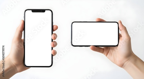 Showcase your app with two phones held in hand, portrait and landscape orientation, white background