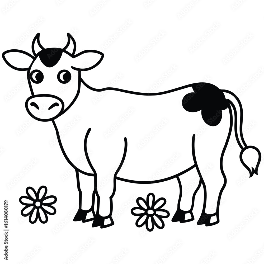 Fototapeta premium Gentle cow in grassy meadow with daisies banner