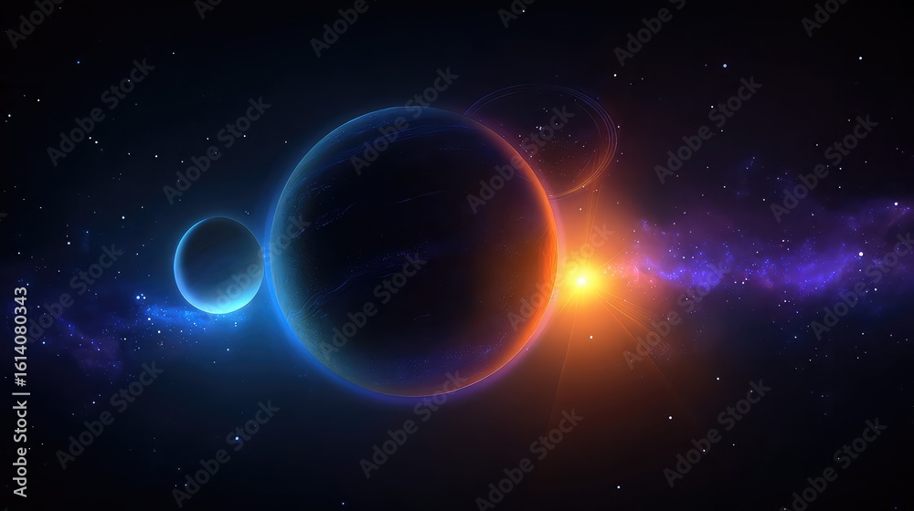 Obraz premium Abstract Celestial Alignment: Glowing Planets and Cosmic Energy in Dark Space