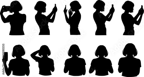 Silhouette of a woman taking a selfie with her smartphone, capturing modern digital culture and self-expression.

