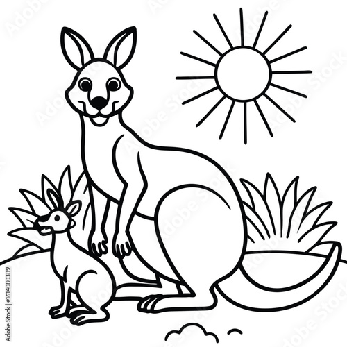 Happy kangaroo with joey in pouch standing