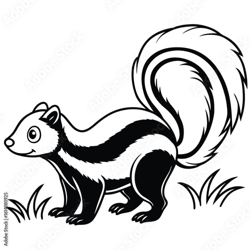 Striped skunk with fluffy tail raised in alert pose