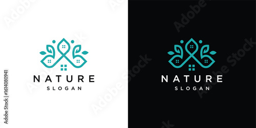 Tree house nature logo design, tree at home concept. House logo made with stripes	
