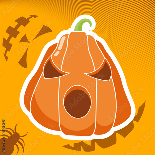 Halloween vector sticker featuring a pumpkin with a carved face on Halloween, isolated on an orange background