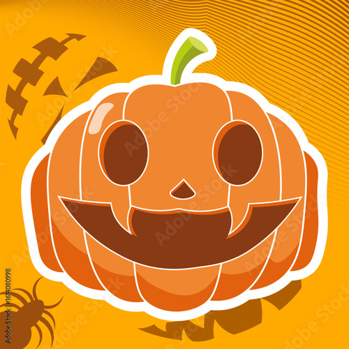 Halloween vector sticker featuring a pumpkin with a carved face on Halloween, isolated on an orange background