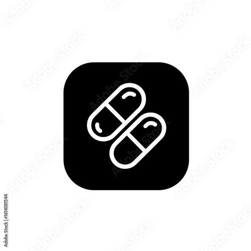 Pill icon with two capsules inside rounded square. Vector graphic.
