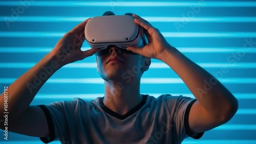 A young man is using a virtual reality headset to explore digital worlds and experience immersive entertainment