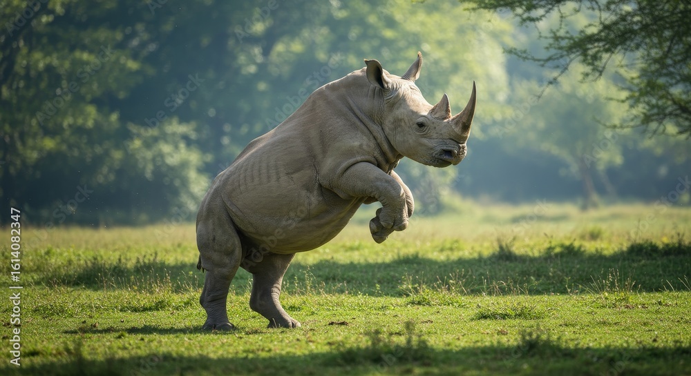 Fototapeta premium Rhino displays its imposing physique amidst a serene green landscape setting with lush trees